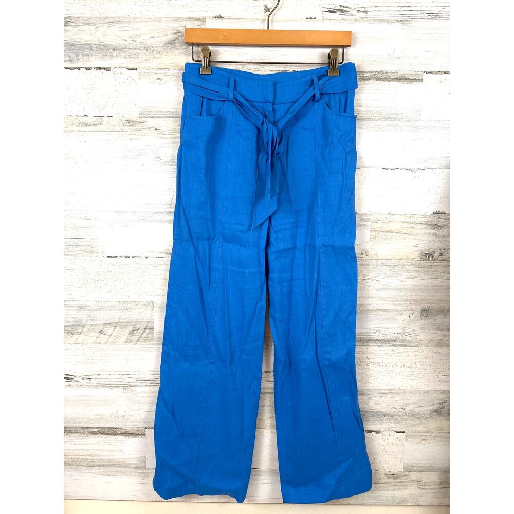 Carlisle Collection Womens 0 Blue Linen Blend Wide Leg Belted Casual Pants